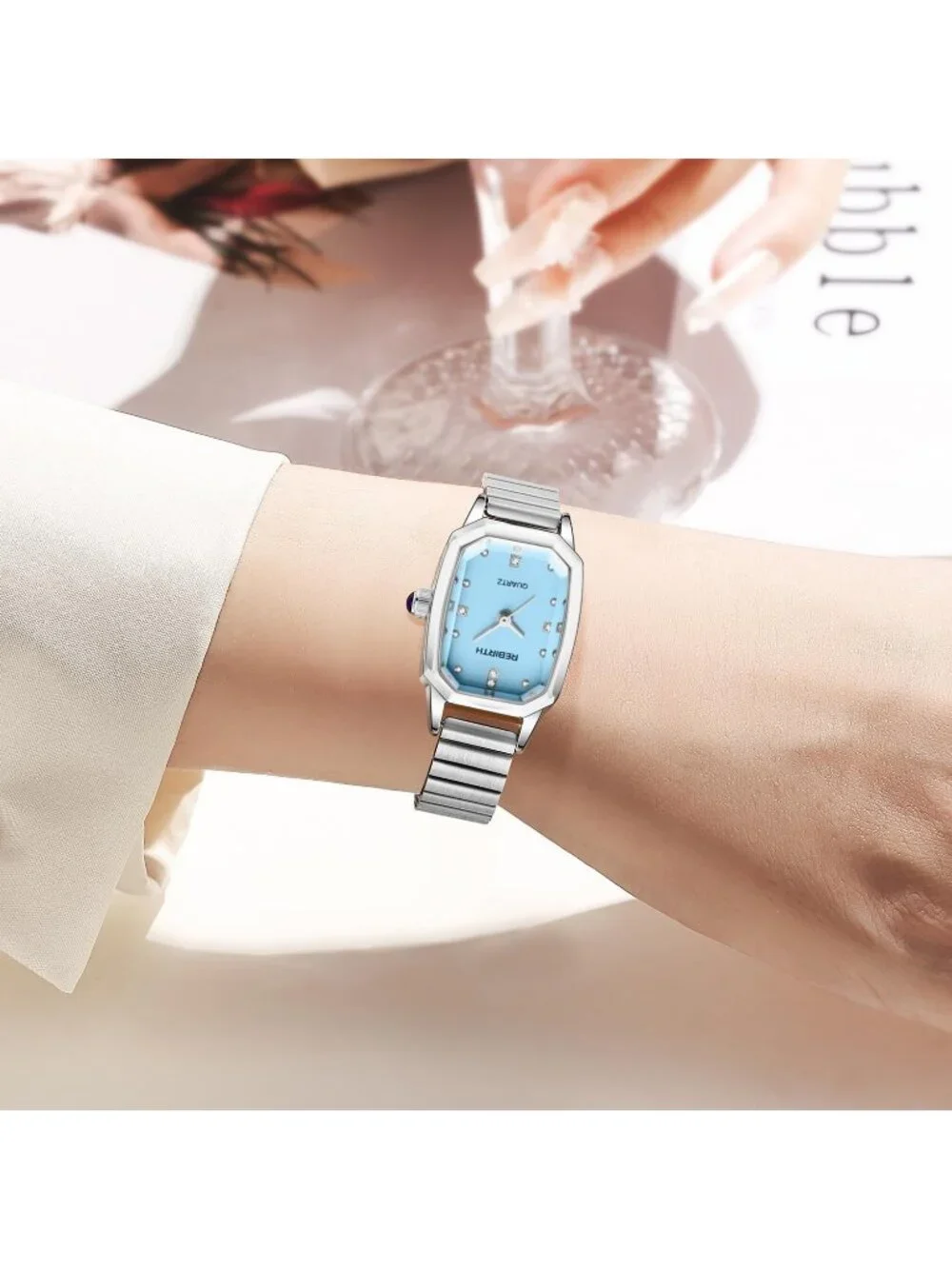 Women’s Blue Rectangular Quartz Stainless Steel Strap Classic Vintage Wristwatch